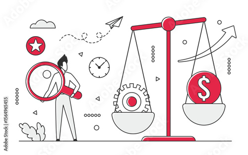 Business balance between work and profit. Effective time and task management vector monocolor illustration