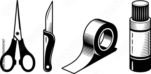 Craft supplies vector illustration featuring scissors knife tape and glue stick for art projects