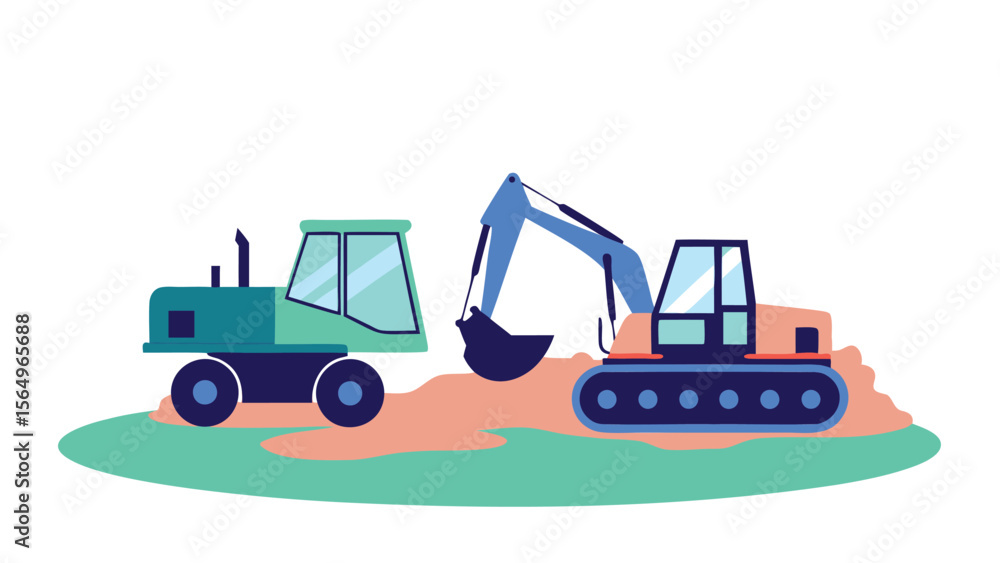 Fototapeta premium Illustration of a green tractor and an orange excavator on a green and brown ground with white background