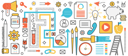 Creative project and business implementation. Abstract process with development, analysis and realization of ideas or products, research service in infographic concept banner, thin line art design