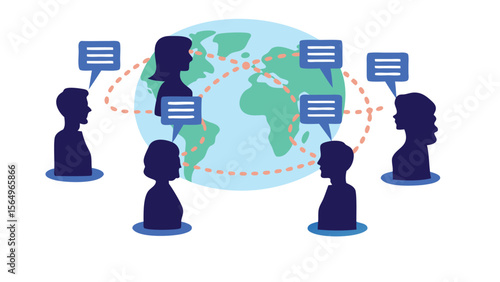 People communicating globally with speech bubbles around a world map illustrating connection network