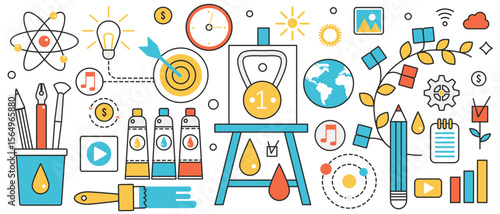 Creative process of art design. Abstract idea presentation with artist tools, easel and paint, pencil and brush, digital education and communication in infographic concept banner, thin line art design