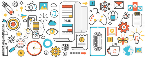 Digital payment system and user access. Abstract fingerprint security identification in mobile phone, online game, app services and social media infographic concept banner, thin line art design