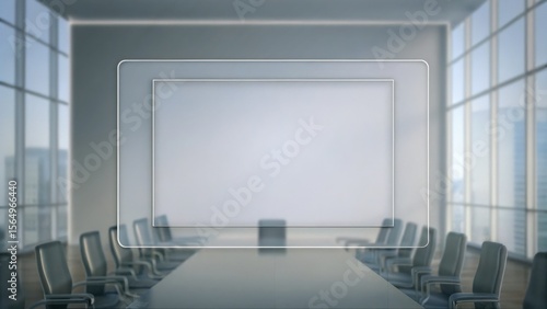 Modern conference room with a large screen  glass walls  and empty chairs arranged around a long table.