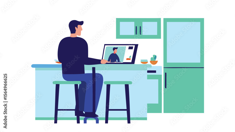 Man sitting at kitchen island on video call with another man on laptop in a modern kitchen setting Man sitting at kitchen island on video call with another man on laptop in a modern kitchen setting