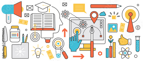 Creative skills for education and graduation. Abstract knowledge for human head from book, computer equipment for learning or training, megaphone in infographic concept banner, thin line art design
