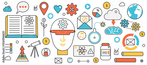 Cognitive skills for brain development, work and education. Abstract person intelligence, coaching and training process, science technology in infographic concept banner, thin line art design