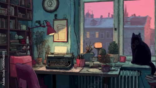 Black cat vintage study room typewriter books writer workspace 4K Seamless loop animation