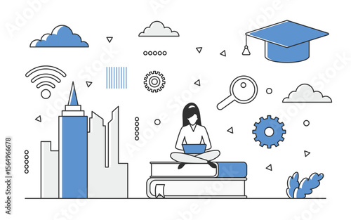 High university education degree. Academic graduate study program and diploma gaining vector monocolor illustration