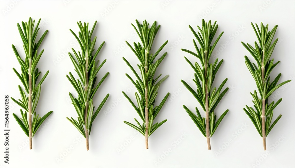 Obraz premium Five Sprigs of Fresh Green Rosemary on White Background