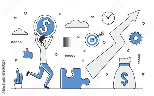 Business manager contribute to financial growth. Successful revenue expanding and profit increasing vector monocolor illustration