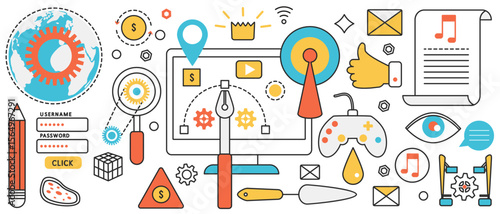 Game development for computer, mobile phone. Abstract modern digital application, video gaming and data signs, joystick and developers tools in infographic concept banner, thin line art design