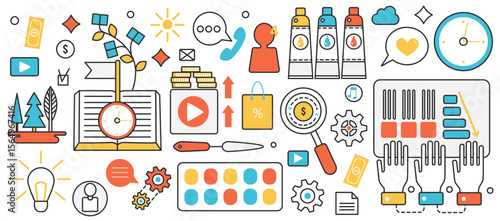 Graphic design technology, startup and art studio. Abstract creative artwork and drawing tools for artist work symbols, team from agency of in infographic concept banner, thin line art design