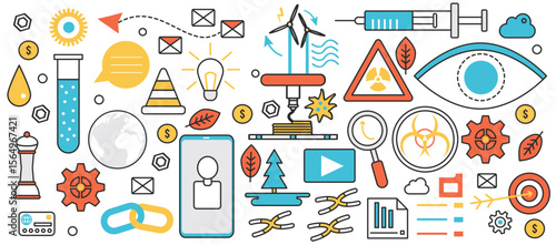 Green energy development. Science technology to generate electricity with wind mill, renewable electric power production and environmental research in infographic concept banner, thin line art design