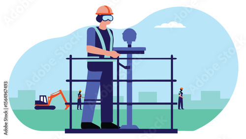 Illustration of a construction worker operating machinery on a platform with excavator nearby in city view