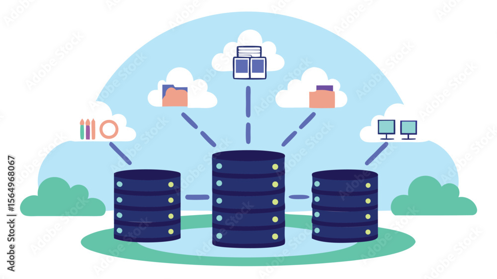 Naklejka premium Illustration of three data servers connected to cloud storage and desktop computers in a network system