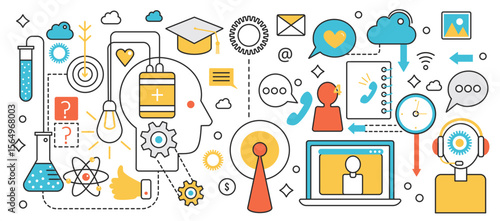 New idea generation technology. Creation process in human brain of abstract head, experience of innovation research and discovery, distance education infographic concept banner, thin line art design