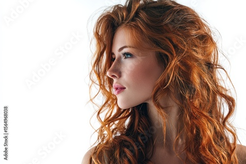 Stunning redhead woman, profile view.  Curly hair, beauty portrait. Ideal for beauty, fashion, haircare.  Commercial use allowed.