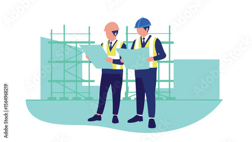 Two construction workers in safety vests and hard hats reviewing blueprints at a construction site area