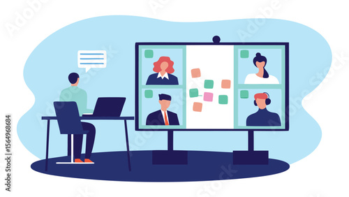 A person attending a video conference with four participants on a large screen with sticky notes displayed