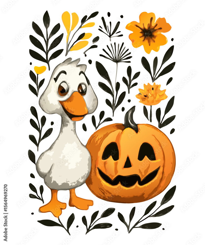 Fototapeta premium Halloween Goose and Jack-o’-Lantern PNG – Cute Cartoon Goose with Smiling Pumpkin, Yellow Flowers, and Autumn Leaves – Fun Clipart for Kids, Crafts, Stickers, and Decor