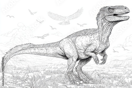 Fototapeta Naklejka Na Ścianę i Meble -  Dinosaur Line Art Collection. Prehistoric Beast Set for Coloring Book with Bird of Prey Monsters