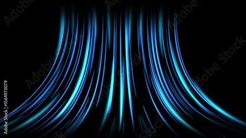 Cold air flow from conditioner effect. air light effect with blue rays. Freezing wind waves air blowing effect. Abstract directional optical fiber neon lines on black Background. Air cooling process