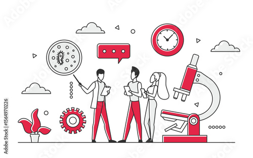 Biotechnology research and laboratory science experiments. Microscope analyzing living organisms vector monocolor illustration