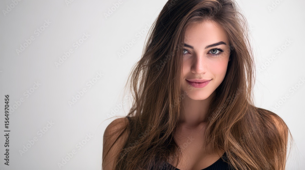 Naklejka premium Beautiful woman portrait. Perfect for beauty, fashion, and haircare advertising. Ideal for websites and social media.