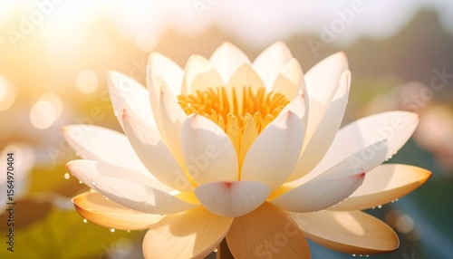 Abstract close-up of a luminous lotus flower blooming in soft mist, gentle gradients