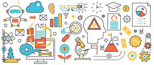 Science research of environment issues. Abstract scientific innovation eco technology, robots and smart equipment for environmental protection in infographic concept banner, thin line art design