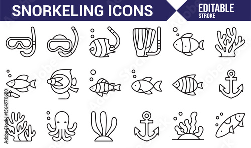Illustration of Snorkeling and Marine Life Icons for Use in Underwater Adventure Themes