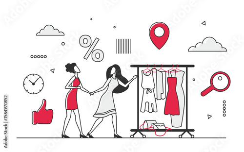 Seasonal shopping fashion discount. Special clothes sale offer, outlet store vector monocolor illustration
