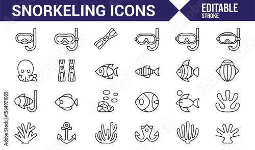 Illustration of Snorkeling and Marine Life Icons for Use in Underwater Adventure Themes