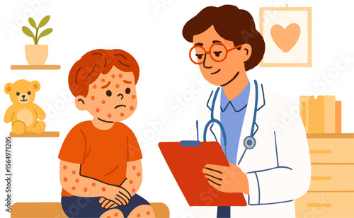 Pediatrist and patient in clinic. Pediatrician examining kid with chickenpox. Professional medical healthcare worker. Flat vector illustration of doctor and child