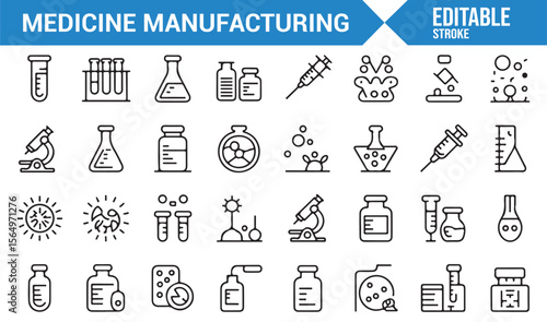 A Collection of Medicine Manufacturing Icons Featuring Laboratory Equipment, Syringes, Bottles, and Medical Tools