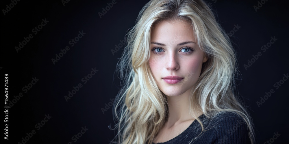 Naklejka premium Stunning blonde woman portrait. Elegant, sophisticated style. Ideal for beauty, fashion, and cosmetics advertising. Perfect for websites, blogs, and social media.