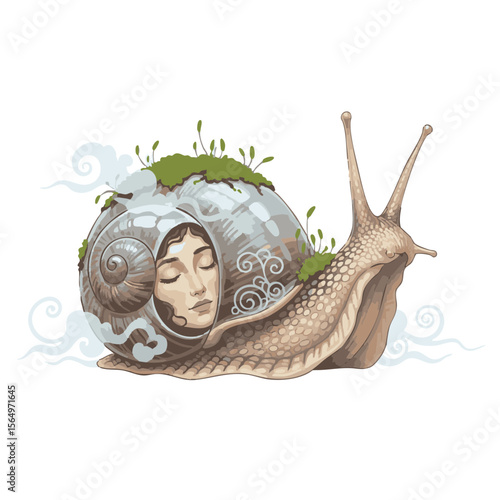 Snail with Ceramic Face Shell and Moss Back, Surreal Nature Vector