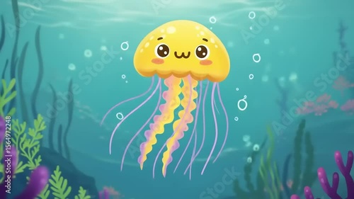 Cute cartoon jellyfish floating in a vibrant underwater scene surrounded by colorful corals and bubbles