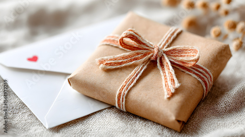 Gift wrapped in brown paper with twine bow beside a white envelope featuring a heart, creating a warm and inviting atmosphere for special occasions. Selective focus