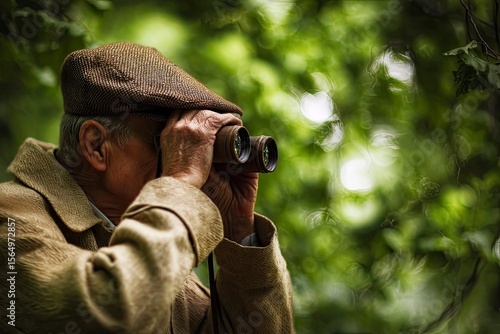 Elderly man in cap and jacket uses binoculars blurred green background