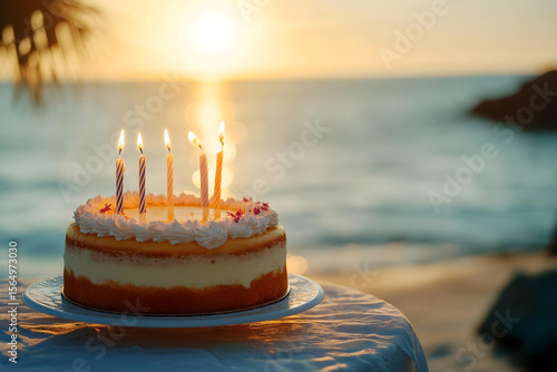 Fototapeta Naklejka Na Ścianę i Meble -  birthday cake with candles on the beach with sea background during sunset