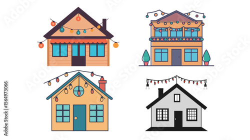 House with Christmas Lights Vector Icon – Festive Holiday Decoration Graphic