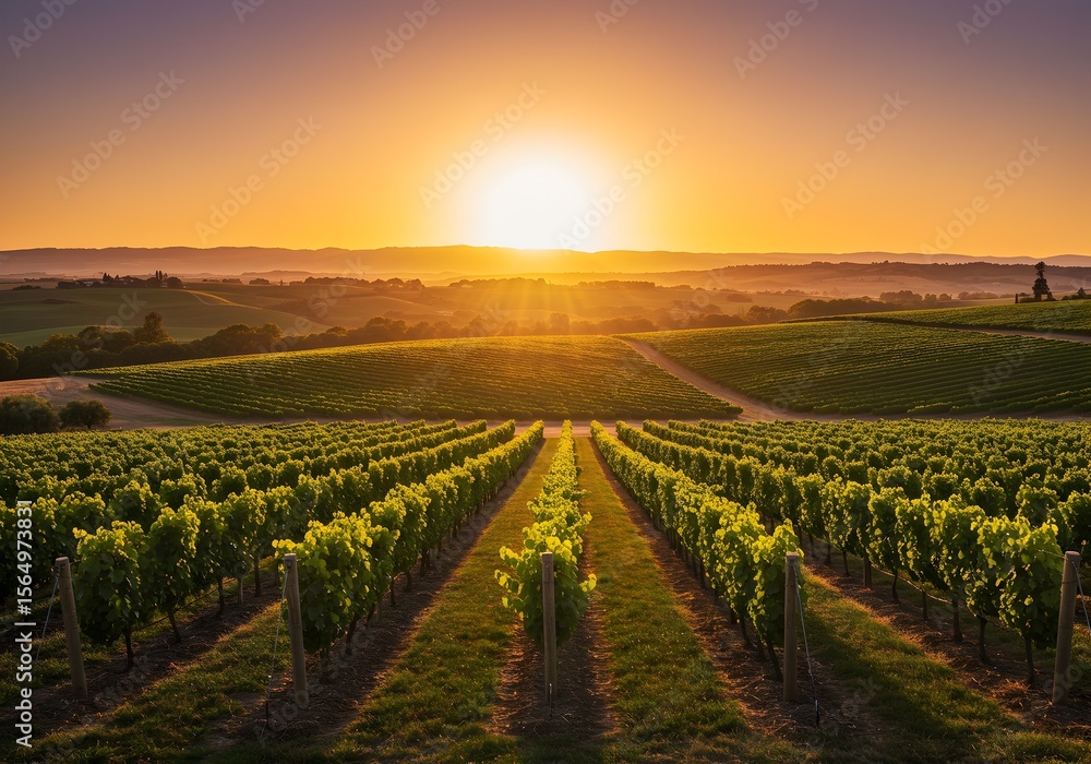 Fototapeta premium Rows of grapevines stretch out under a vibrant sunrise.