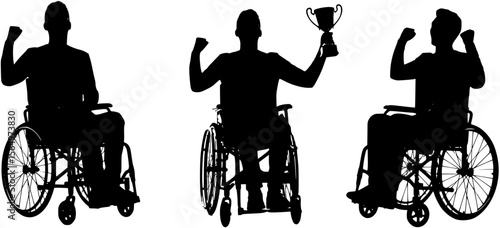 Young man in wheelchair holding winner trophy black silhouette.
