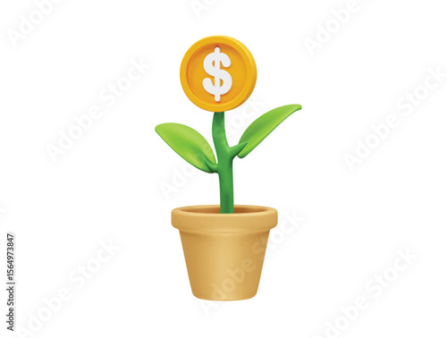 Financial Growth Concept Coin Plant in a Pot icon 3d. Dollar plant icon 3d illustration
