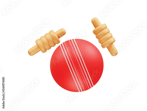 Cricket ball and stumps and bails icon 3d rendering illustration