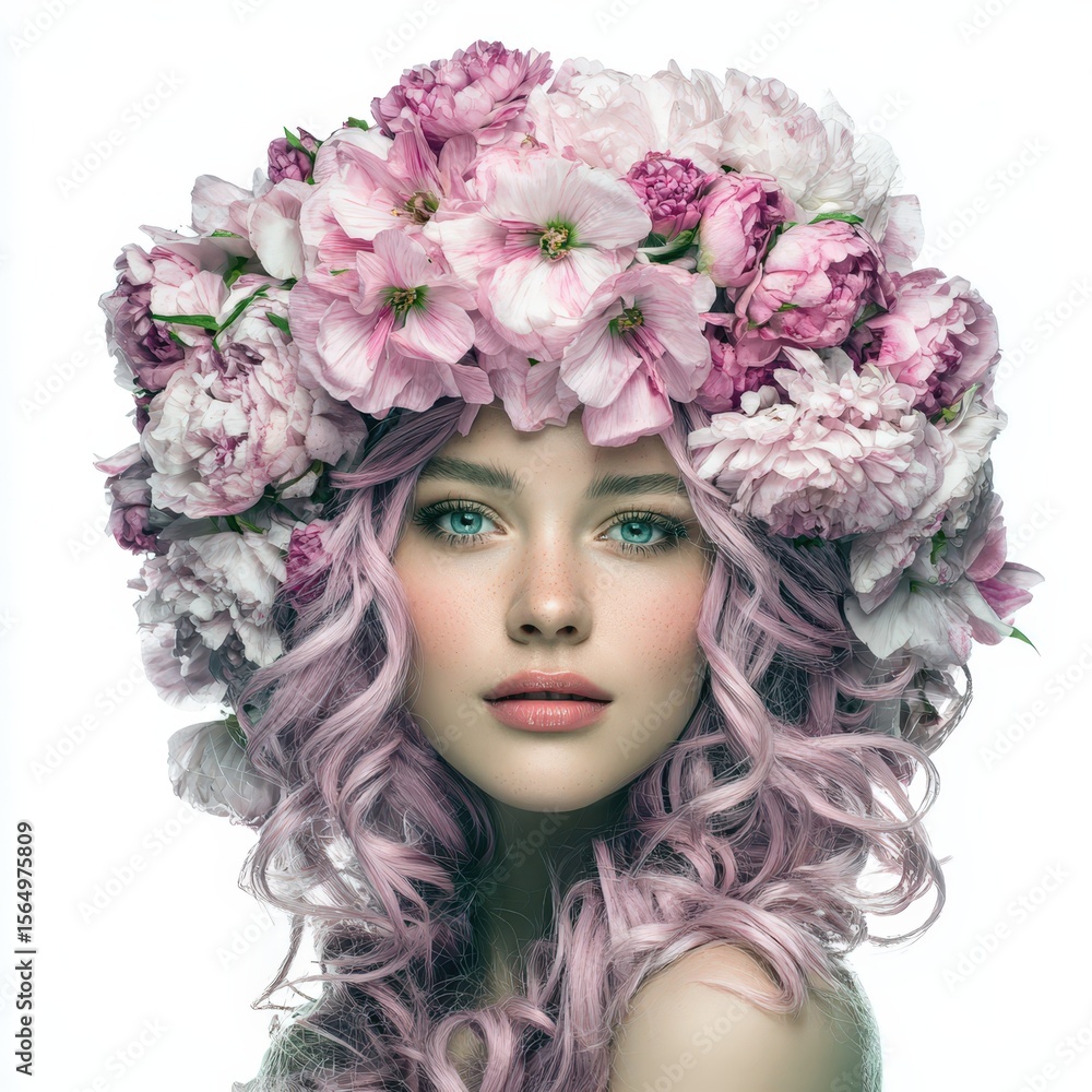 Fototapeta premium Elegant woman with pink hair and floral crown. Perfect for beauty, fashion, and wellness. Ideal for websites, magazines, and social media.