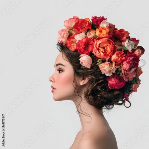 Elegant woman with floral crown.  Perfect for beauty, fashion, and wedding projects. Ideal for websites, magazines, and social media.