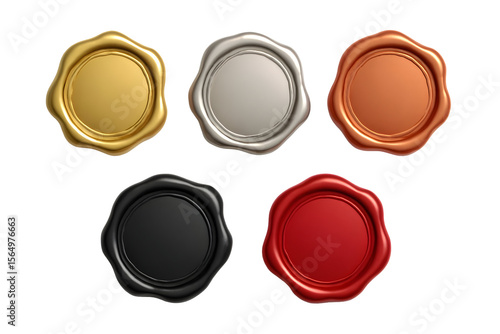 Collection of shiny wax seals in gold silver bronze black and red perfect for invitations or